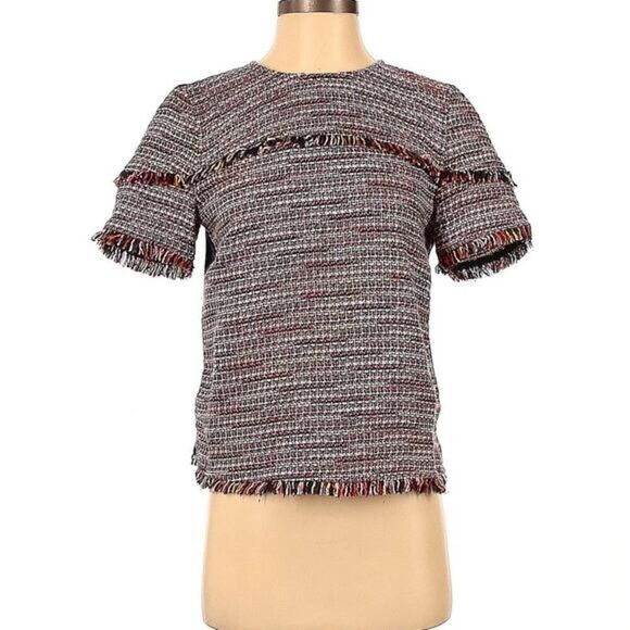 Laundry by shelli segal short sleeve tweed fringe top blouse Small - Picture 1 of 9